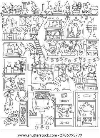 Coloring Page With A Kids' Room Features A Computer Desk And Shelves Filled With Numerous Items For Studying And Hobbies