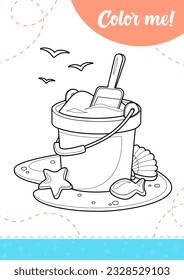 Coloring page for kids with a sand bucket and tools to kids play.
A printable worksheet, vector illustration.