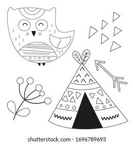 Coloring page for kids. Scandinavian owl, wigwam, flower. Vector illustration. Funny coloring book for kids.