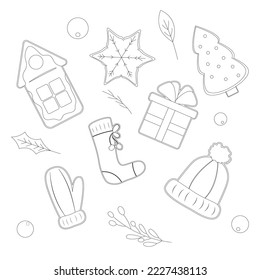 Coloring page for kids. Set of Christmas cookies. Christmas doodle set.