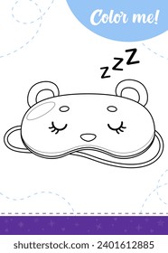 Coloring page for kids with sleeping mask.
A printable worksheet, vector illustration.