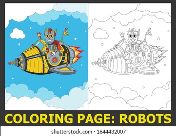 Coloring page for kids, smiling robot flying in rocket, coloring book