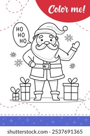 Coloring page for kids with smiling Santa Claus and gifts around.A printable worksheet, vector illustration.