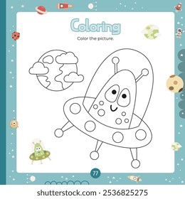 Coloring page for kids Space alien UFO. Preschool printable game for Activity book Outer Space. Vector illustration. Square format. Page for coloring book.