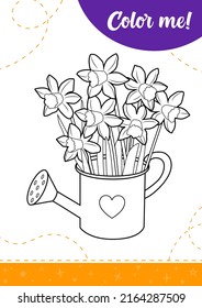 Coloring page for kids with spring flowers in a pot.
A printable worksheet, vector illustration.