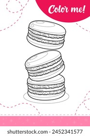 Página para colorear para niños con una pila de macarons. Una hoja de cálculo imprimible, Ilustración vectorial.