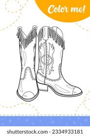 Página de color para niños con elegantes botas de vaquera. 
Una hoja de cálculo imprimible, ilustración vectorial.