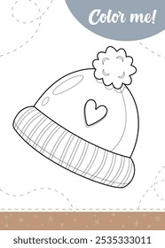 Coloring page for kids with stylish winter knitted hat. A printable worksheet, vector illustration.