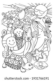 
Coloring page for kids. Summer beach illustration. Sea. Hand drawn vector illustration. Coloring book. Worksheet.