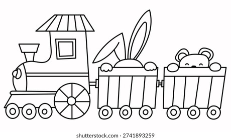 Coloring Page For Kids With A Train Featuring Bear And Bunny Riding