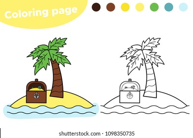 Coloring page for kids. Treasure island with treasure chest. Colorful vector illustration.