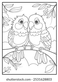 coloring page for kids. Two cute sparrows perched on a flowering tree branch. Children coloring book concept illustration