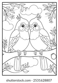 coloring page for kids. Two cute sparrows perched on a flowering tree branch. Children coloring book concept illustration