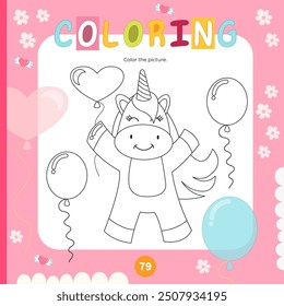 Dibujo para colorear para niños unicornio con globos. Juego imprimible preescolar para el libro de actividades Unicornios. Ilustración vectorial. Formato cuadrado.