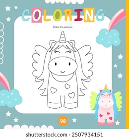 Dibujo para colorear para niños unicornio. Juego imprimible preescolar para el libro de actividades Unicornios. Ilustración vectorial. Formato cuadrado.