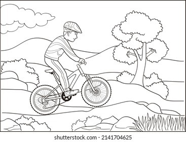 Coloring Page for Kids, Vector Illustration - Cycling in the mountains