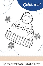 Coloring page for kids with winter hat.
A printable worksheet, vector illustration.