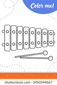 Dibujo para colorear para niños con juguete de xilófono.
Una hoja de cálculo imprimible, Ilustración vectorial.