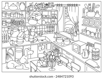 Dibujo para colorear. Interior de cocina con muebles y objetos para el hogar. Acogedor comedor familiar. Ilustración vectorial de esbozo lineal.