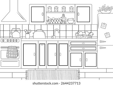 Coloring page with kitchen interior, refrigerator, stove, kitchen furniture