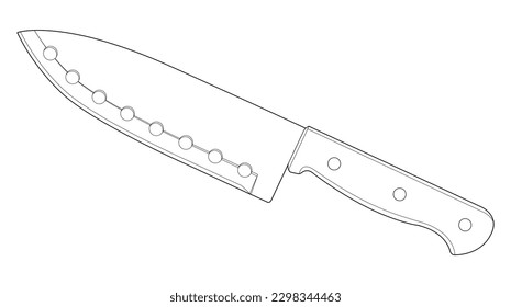 Coloring page. Kitchen knife with wooden handle. Santoku knife. Isolated on white	
