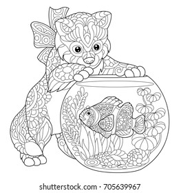 Coloring page of kitten playing with clown fish in aquarium. Freehand sketch drawing for adult antistress coloring book in zentangle style.