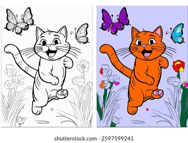 Coloring page: A kitten is trying to catch a butterfly.