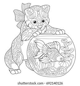 Coloring page of kitten wondering about goldfish in aquarium. Freehand sketch drawing for adult antistress colouring book with doodle and zentangle elements.