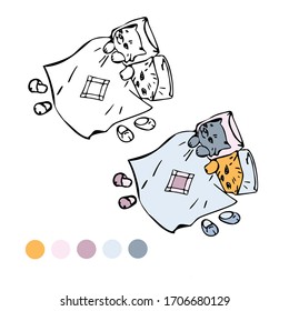  Página colorear. Gatitos en la cuna bajo las tapas. Ilustración vectorial.