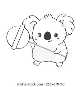 Coloring Page Koala Clipart Character Design. Adorable Clip Art Koala Bear Black and White with Candy on a Stick. Vector Illustration of an Animal for Prints for Clothes, Stickers, Baby Shower. 
