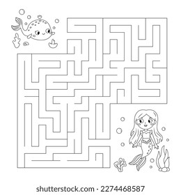 Coloring page with labyrinth. Maze game. Help the whale find the way to mermaid. Fairy tale. Educational puzzle for kids. Underwater theme. Coloring book. Vector illustration.
