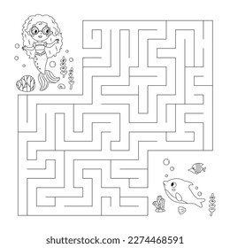 Colorante página con laberinto. Juego de Maze. Ayude a la sirena a encontrar el camino a su amigo delfín. Cuento de hadas. Rompecabezas educativo. Tema subacuático. Libro de colorear. Ilustración vectorial.