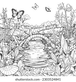 coloring page with a lake view and garden in garden for adults, in the style of dark white and light silver, whimsical illustration, characterful pen and ink, timeless artistry