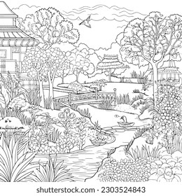 coloring page with a lake view and garden in garden for adults, in the style of dark white and light silver, whimsical illustration, characterful pen and ink, timeless artistry