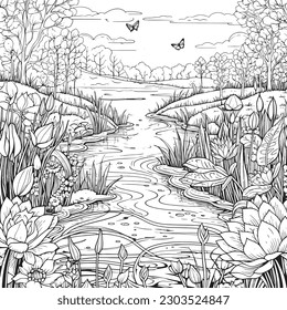 coloring page with a lake view and garden in garden for adults, in the style of dark white and light silver, whimsical illustration, characterful pen and ink, timeless artistry - Shutterstock ID 2303524847