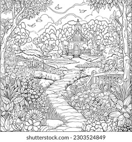 coloring page with a lake view and garden in garden for adults, in the style of dark white and light silver, whimsical illustration, characterful pen and ink, timeless artistry