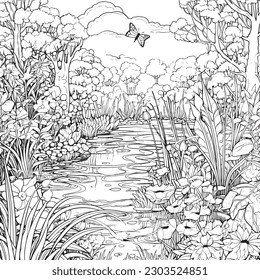 coloring page with a lake view and garden in garden for adults, in the style of dark white and light silver, whimsical illustration, characterful pen and ink, timeless artistry