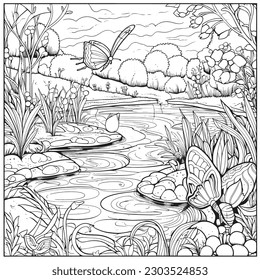 coloring page with a lake view and garden in garden for adults, in the style of dark white and light silver, whimsical illustration, characterful pen and ink, timeless artistry