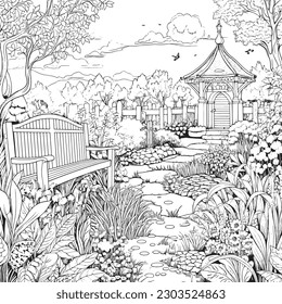 coloring page with a lake view and garden in garden for adults, in the style of dark white and light silver, whimsical illustration, characterful pen and ink, timeless artistry