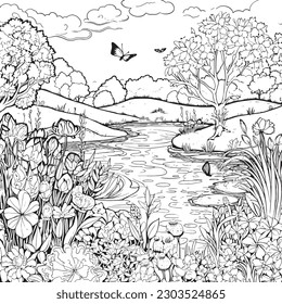 coloring page with a lake view and garden in garden for adults, in the style of dark white and light silver, whimsical illustration, characterful pen and ink, timeless artistry