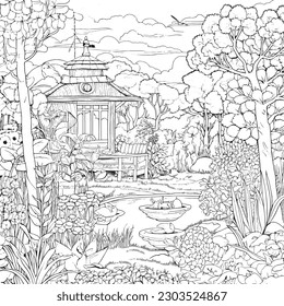 página de colorido con vistas al lago y jardín en jardín para adultos, en el estilo de blanco oscuro y plata clara, ilustración caprichosa, pluma y tinta característicos, arte atemporal