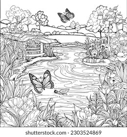 coloring page with a lake view and garden in garden for adults, in the style of dark white and light silver, whimsical illustration, characterful pen and ink, timeless artistry