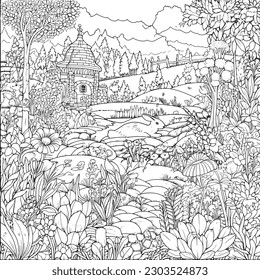 coloring page with a lake view and garden in garden for adults, in the style of dark white and light silver, whimsical illustration, characterful pen and ink, timeless artistry