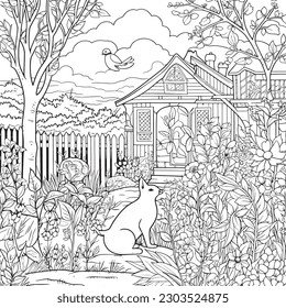 coloring page with a lake view and garden in garden for adults, in the style of dark white and light silver, whimsical illustration, characterful pen and ink, timeless artistry