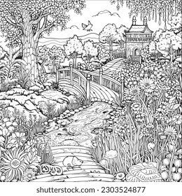 coloring page with a lake view and garden in garden for adults, in the style of dark white and light silver, whimsical illustration, characterful pen and ink, timeless artistry