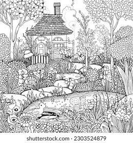 coloring page with a lake view and garden in garden for adults, in the style of dark white and light silver, whimsical illustration, characterful pen and ink, timeless artistry