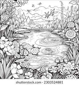 coloring page with a lake view and garden in garden for adults, in the style of dark white and light silver, whimsical illustration, characterful pen and ink, timeless artistry