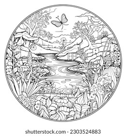 coloring page with a lake view and garden in garden for adults, in the style of dark white and light silver, whimsical illustration, characterful pen and ink, timeless artistry