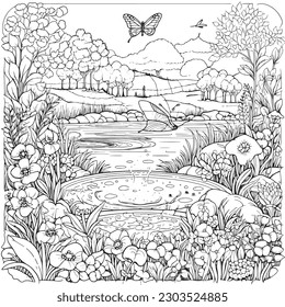 coloring page with a lake view and garden in garden for adults, in the style of dark white and light silver, whimsical illustration, characterful pen and ink, timeless artistry