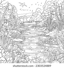 coloring page with a lake view and garden in garden for adults, in the style of dark white and light silver, whimsical illustration, characterful pen and ink, timeless artistry